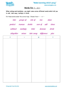 Worksheets for kids - words-for-+-x-